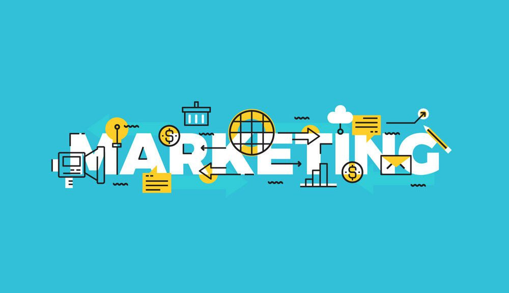 Illustration with the word "MARKETING" in white bold letters on a turquoise background, surrounded by various marketing icons, including a megaphone, dollar sign, globe, envelope, graph, light bulb, and dialogue box, in yellow and black outline style.