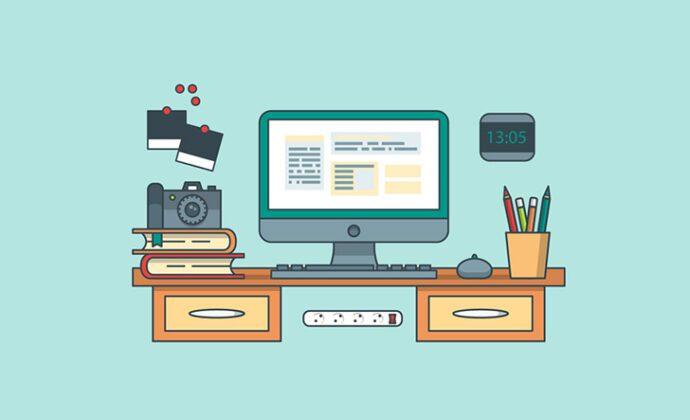 Illustration of a tidy desk. A computer monitor displaying a website interface is centered on the desk with drawers. Other items include books, a camera, photo frames, a clock showing 13:05, a mouse, a power strip, and a pencil holder with pencils.