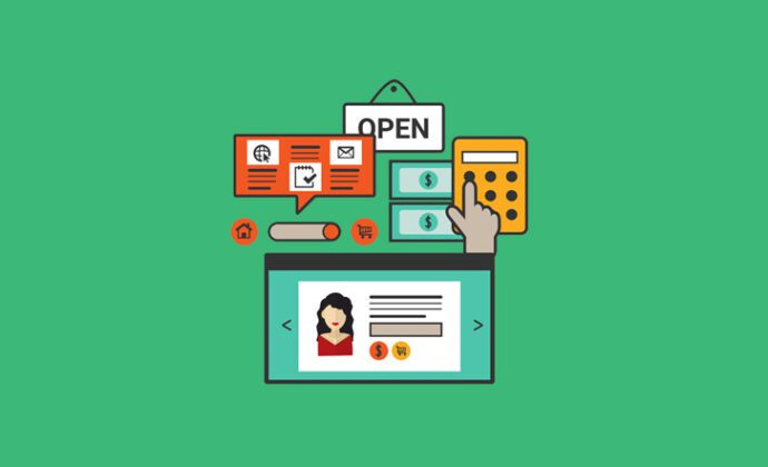 Illustration of online business elements on a green background. Includes an 'open' sign, calculator, dollar bills, a computer with a user profile, and icons for contact, shopping, home, and messaging. A hand points towards the calculator.